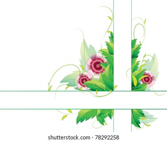 vector illustration of leaves and violet flowers with swirls, and two strips with space for your text