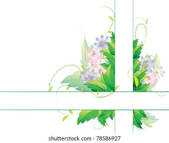 vector illustration of leaves and violet, pink and white flowers of chamomile with swirls, and two strips with space for your text