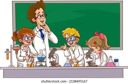 Vector illustration of lecture in Chemistry Class.Cartoon students and teacher doing research in lab.