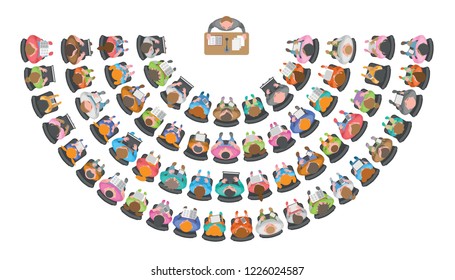  Ilustración vectorial. El conferencista habla con una audiencia. Vista superior.  Personas, hombres, mujeres, niños sentados en sillas en la audiencia. Vista desde arriba.