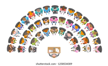 Vector illustration. Lecturer speaks to an audience. Top view.  People, men, women, children sit in chairs in the audience. View from above.