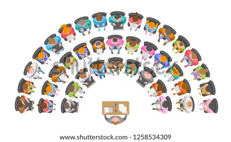 Vector illustration. Lecturer speaks to an audience. Top view.  People, men, women, children sit in chairs in the audience. View from above.