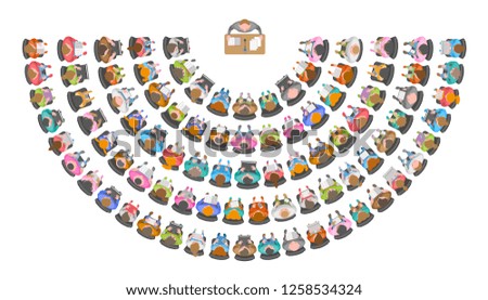 Vector illustration. Lecturer speaks to an audience. Top view.  People, men, women, children sit in chairs in the audience. View from above.