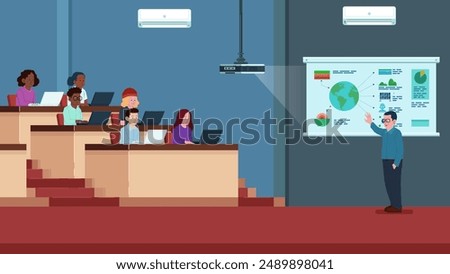 Vector Illustration of Lecturer Teaching in A Modern Classroom, Hall.