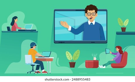 Vector Illustration of Lecturers Teach Online While Students Study From Their Place Using Laptops. Perfect For Online Education, Webinar, Meeting Online, Online Course, Training, Seminar.
