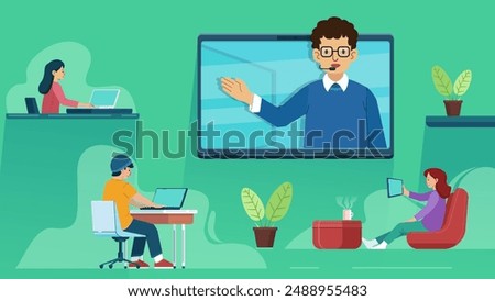 Vector Illustration of Lecturers Teach Online While Students Study From Their Place Using Laptops. Perfect For Online Education, Webinar, Meeting Online, Online Course, Training, Seminar.
