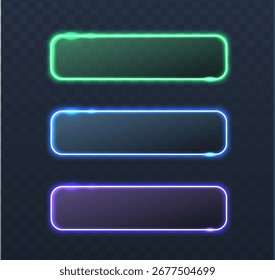 Vector illustration. Led glowing rectangular shape borders in blue, green and purple. Isolated on transparent background. 
