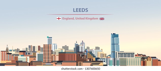 Vector illustration of Leeds city skyline on colorful gradient beautiful day sky background with flags of England and United kingdom 