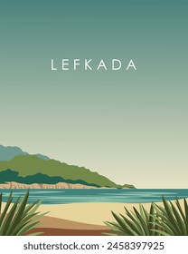 Vector illustration. Lefkada Greece travel poster. Poster design, wall poster, banner, postcard. Modern design. Tourism.