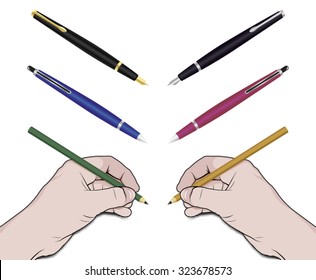 Vector illustration of left and right hand holding pencil and writing or drawing. There are options to change pen easily. 
