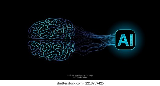 Vector illustration left right human brain blue light and neural network wavy line isolated on black background in concept of A.I. artificial intelligence technology, machine learning, neuroscience