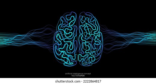 Vector illustration left right human brain blue light and neural network wavy line isolated on black background in concept of A.I. artificial intelligence technology, machine learning, neuroscience