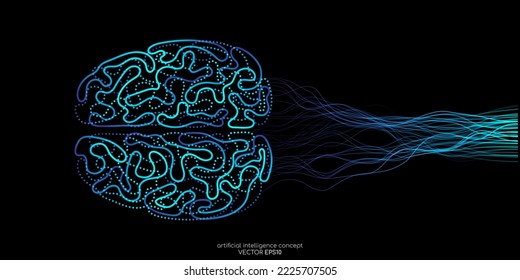 Ilustración vectorial izquierda luz azul cerebral humana derecha y línea ondulada de red neural aislada sobre fondo negro en concepto de A.I. tecnología de inteligencia artificial, aprendizaje automático, neurociencia