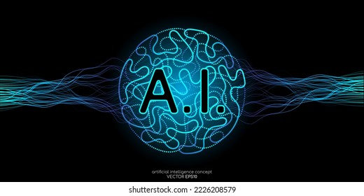 Ilustración vectorial izquierda luz azul cerebral humana derecha y línea ondulada de red neural aislada sobre fondo negro en concepto de A.I. tecnología de inteligencia artificial, aprendizaje automático, neurociencia
