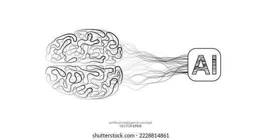 Vector illustration left right human brain black line and neural network wavy line isolated on white background in concept of A.I. artificial intelligence technology, machine learning, neuroscience