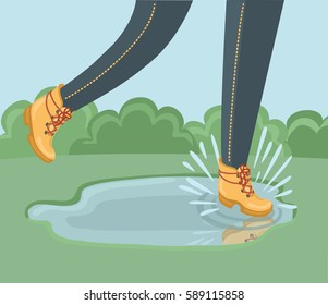Vector illustration of leg in ankle boot walking in paddle