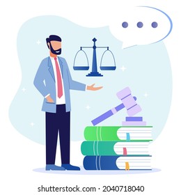 Ilustración vectorial del concepto jurídico y el estado de derecho. Apoyo a los litigios, investigación jurídica, servicios de asistencia jurídica, asistente de abogados. Decisión del juez.