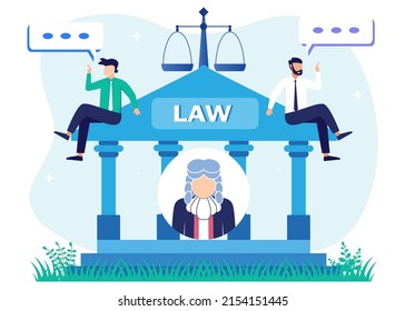 Vector illustration of legal concept and rule of law. Litigation support, legal research, paralegal services, attorney assistant. Judge's decision.