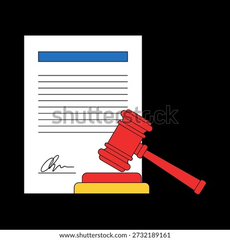 Vector illustration of a legal document with a gavel, symbolizing justice and law enforcement. Ideal for legal, judicial, and corporate themes.