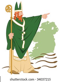 Vector Illustration Of The Legend Of St. Patrick Casting The Snakes Out Of Ireland. St. Patrick, The Snake And Ireland Are Each On Separate Layers And Can Be Used Individually.