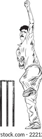 A vector illustration of the legendary cricket bowler in action in Pakistan. Fast bowling symbol and clipart, sketch drawing of a fast bowler in a t20 cricket match 