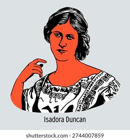 Vector illustration of the legendary dancer Isadora Duncan. Known for her revolutionary "free dance" style and influence on contemporary choreography. Artistic circular portrait for historical and cultural projects