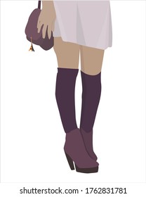 Vector Illustration with  Legs of a  Girl Wearing a Short Skirt, Knee-high Socks and high heels shoes. Fashion Illustration with legs of a girl and Eiffel tower trinket on bag.