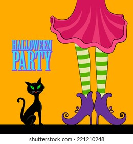 vector illustration of legs of Halloween witch wearing striped stockings