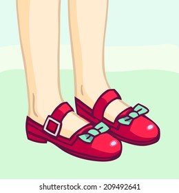 Vector illustration of legs in red shoes with bow