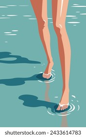 Vector illustration of  legs of slim woman walking shallow sea water on the summer beach. Relax, travel and summer vacation