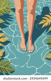 Vector illustration of  legs of slim woman standing in shallow sea water on the summer beach. Relax, travel and summer vacation