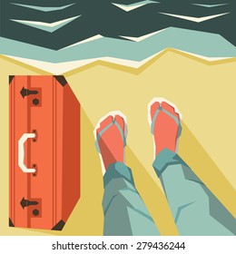 vector illustration of legs and suitcase on beach
