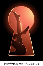Vector illustration of legs of a woman seen through a key hole