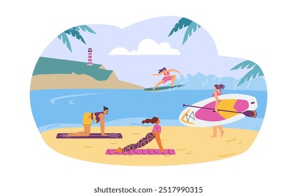 Ilustração vetorial com lazer na praia: fazer ioga, surfar e transportar sup, curtindo o sol. Um grupo de adultos vestindo roupas de banho está relaxando na praia