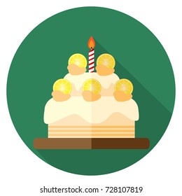 Vector illustration of lemon birthday cake icon flat design on green background in round shape. Cake for birthday celebration with one candle. Happy birthday card.