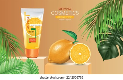 vector illustration lemon cosmetic product ad design template.lemon extract cosmetic cream cleanser tube,lemons fruit with tropical leaves include.