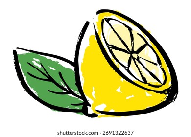 Ilustración vectorial de un limón cortado por la mitad con hojas.