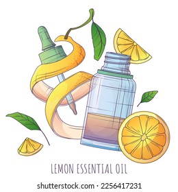 Vector illustration of lemon essential oil. Lemon slices, peel, glass bottle with dropper. Pipette. For cosmetics, perfumery.