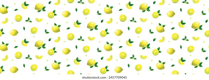 Vector illustration of a lemon with flowers and leaves, sliced lemon. Seamless background pattern on white