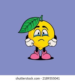 Vector illustration of lemon fruit cartoon character with unique expression on purple background is perfect for stickers, icons, logos and advertisements