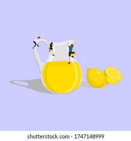 Vector illustration of lemon fruit and lemon drink in a jar with several people trying to climb up to drink it.