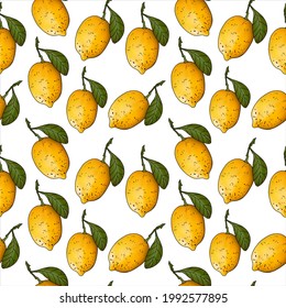Vector illustration of lemon fruit in realism style yellow color seamless pattern on white isolated background