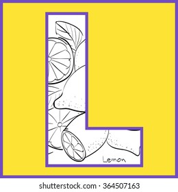 Vector illustration of lemon inside of letter L. Limited colors graphic. Hand drawing.