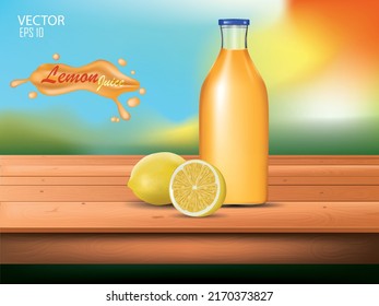 ilustración vectorial botella de limón y jugo de limón sobre la mesa, plantilla de diseño.