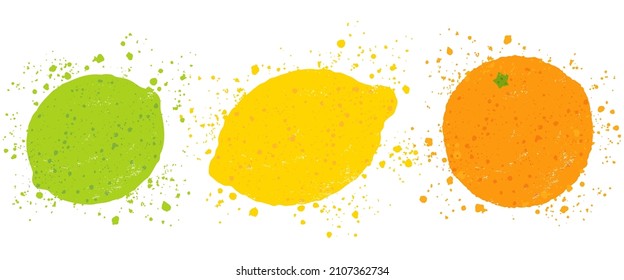 Vector illustration of lemon, orange and lime in vintage style. Vector juicy lemon, orange and lime in grunge style.
