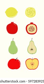 Vector illustration lemon, pear, apple, pomegranate in a cut