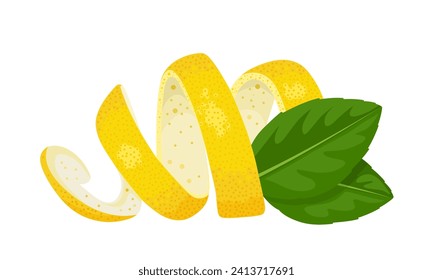 Vector illustration, lemon peel with green leaves, isolated on white background.