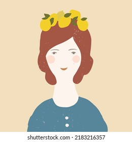 Vector illustration of lemon princess. Seasons. Naive style, hand drawn.