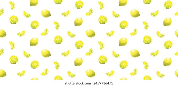 Vector illustration of a lemon with slice, piece and half, sliced lemon. Seamless background pattern on white