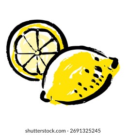 Vector illustration of lemon and sliced ​​lemons with yellow brush strokes.